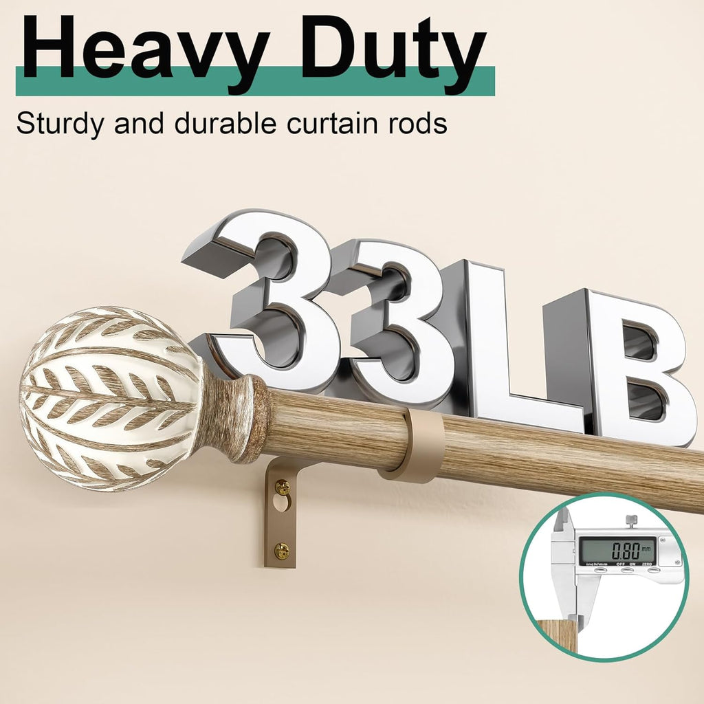 Boho Wood Curtain Rods for Windows 48 to 84 inch,1" Adjustable Heavy Duty Window Curtain Rod with Imitation Wood