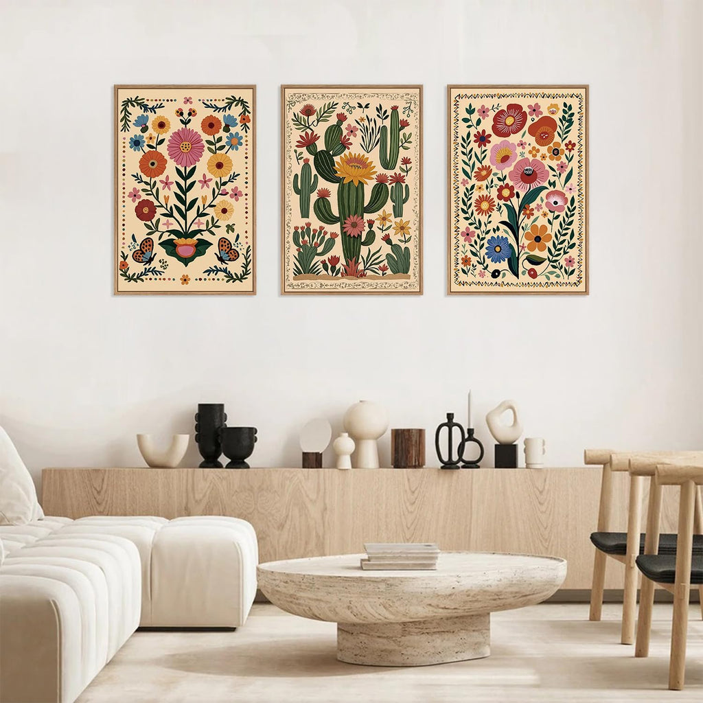 Boho Wildflower Wall Art Canvas,Mid Century Floral Wall Art,Butterfly Flower Artwork Watercolor,Cactus Framed