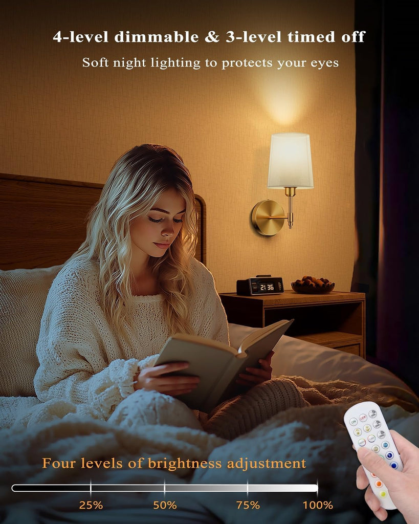Battery Operated Wall Sconces Set of 2, Wireless Rechargeable Dimmable Wall Light with RGB Bulb and Remote for Bedroom, Living Room, Hallway (Gold)