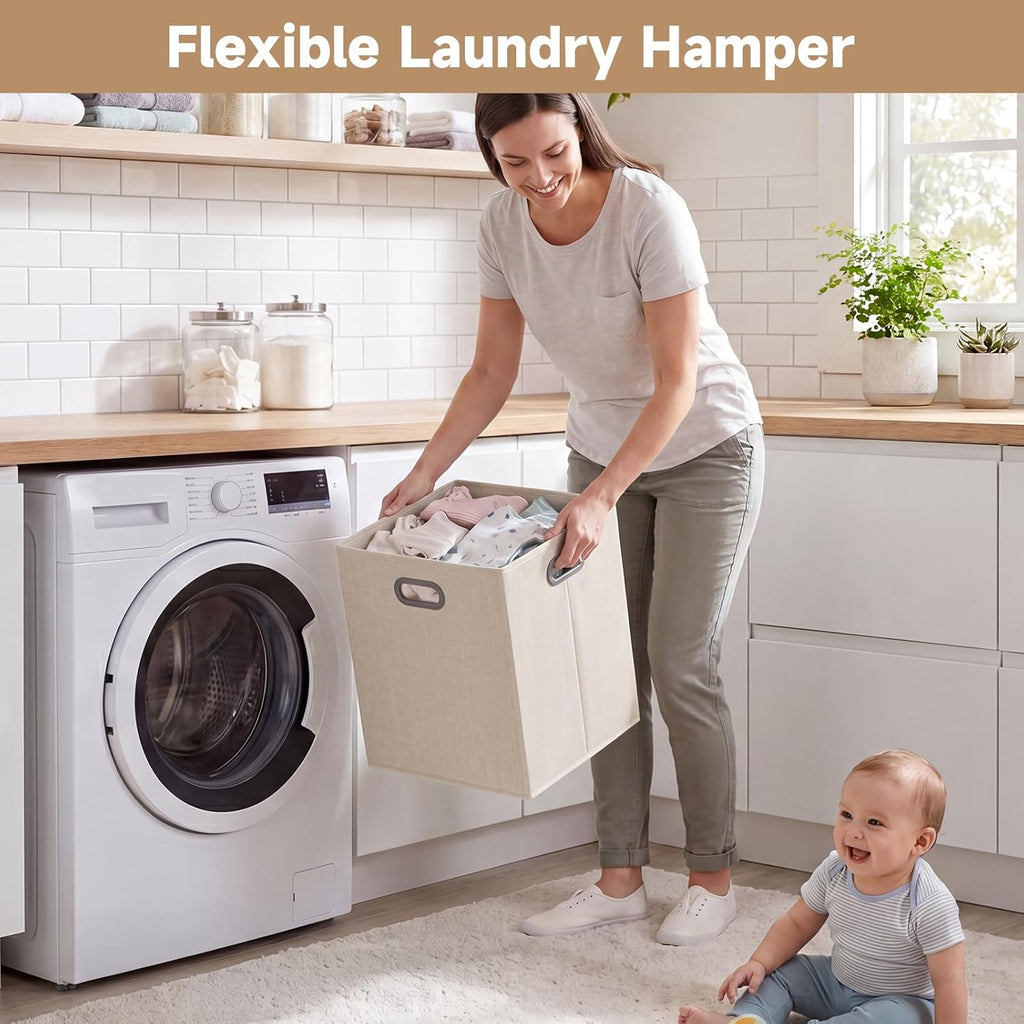 Wooden Baby Changing Table with Comfy Changing Pad, 3 Fabric Drawers, Laundry Hamper, Safety Belt, Diaper Station