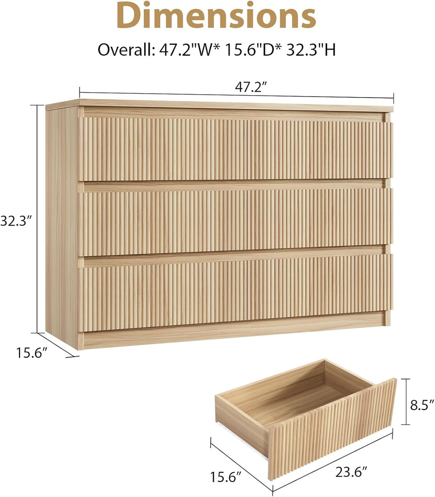 6 Drawer Fluted Dresser, Modern Chest of Drawers with Hidden Handles, Wood Storage Organizer Cabinet , Natural Oak
