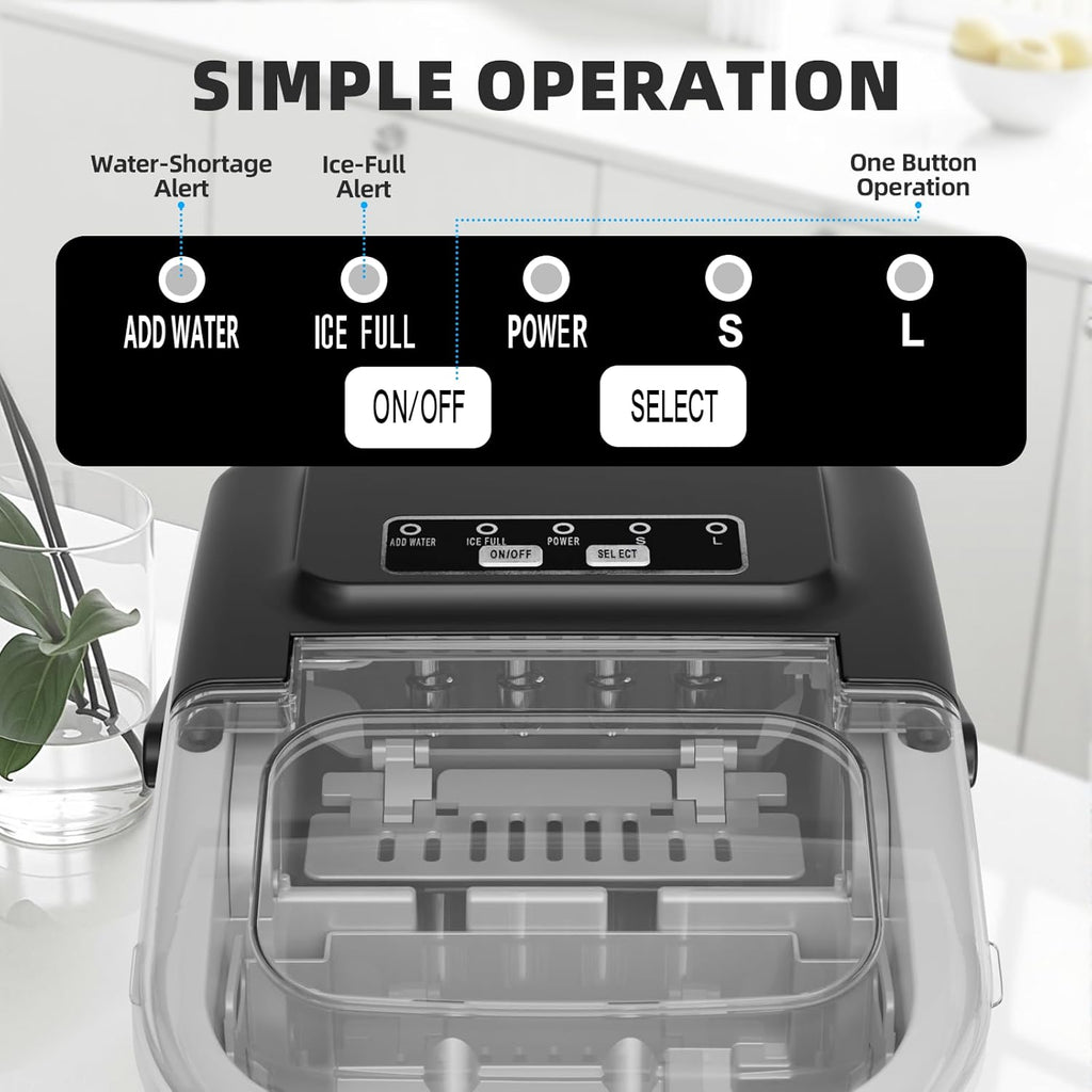 Countertop Ice Maker Machine, 8 Cubes in 6 Mins, 26.5 lbs/Day, Self-Cleaning, 2 Sizes, Ultra-Quiet
