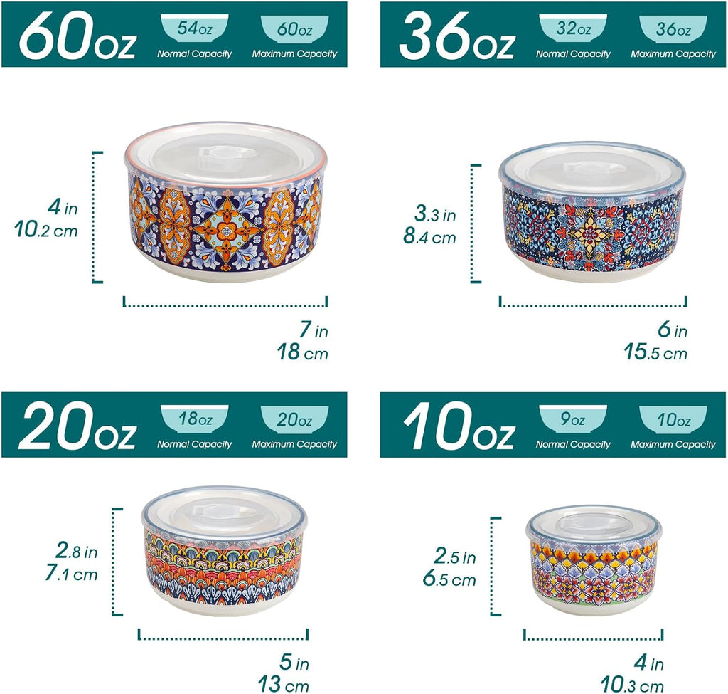 Serving Bowls with Lids, Ceramic Mixing Bowls Set of 4, Boho | Nesting Bowls for Food Storage, Prep, Stackable