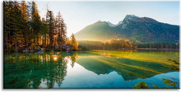 Beautiful Lake Mountain Range Sunrise Sunset Landscape Canvas Wall Art , Autumn Forest National Park Scenery, Nature