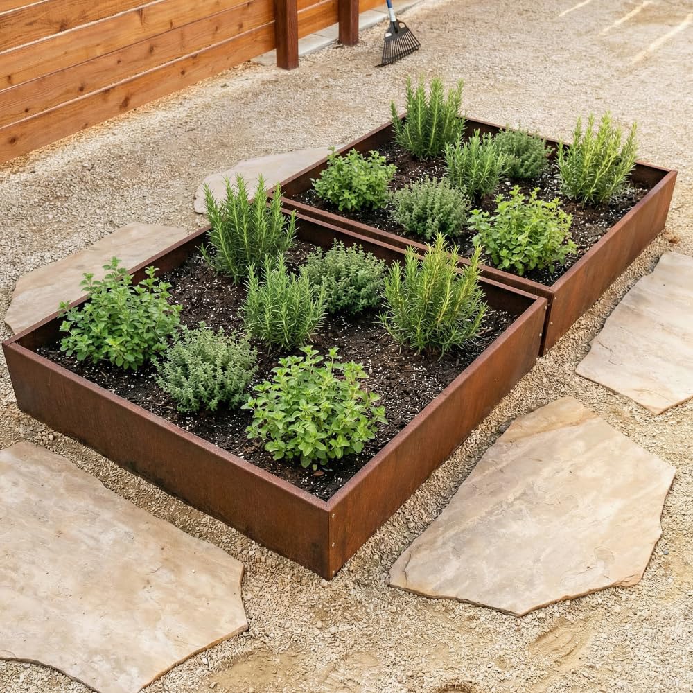 Corten Steel Outdoor Planter Box, Rustic & Modern Farmhouse Design, Large Metal Garden Bed for Commercial &