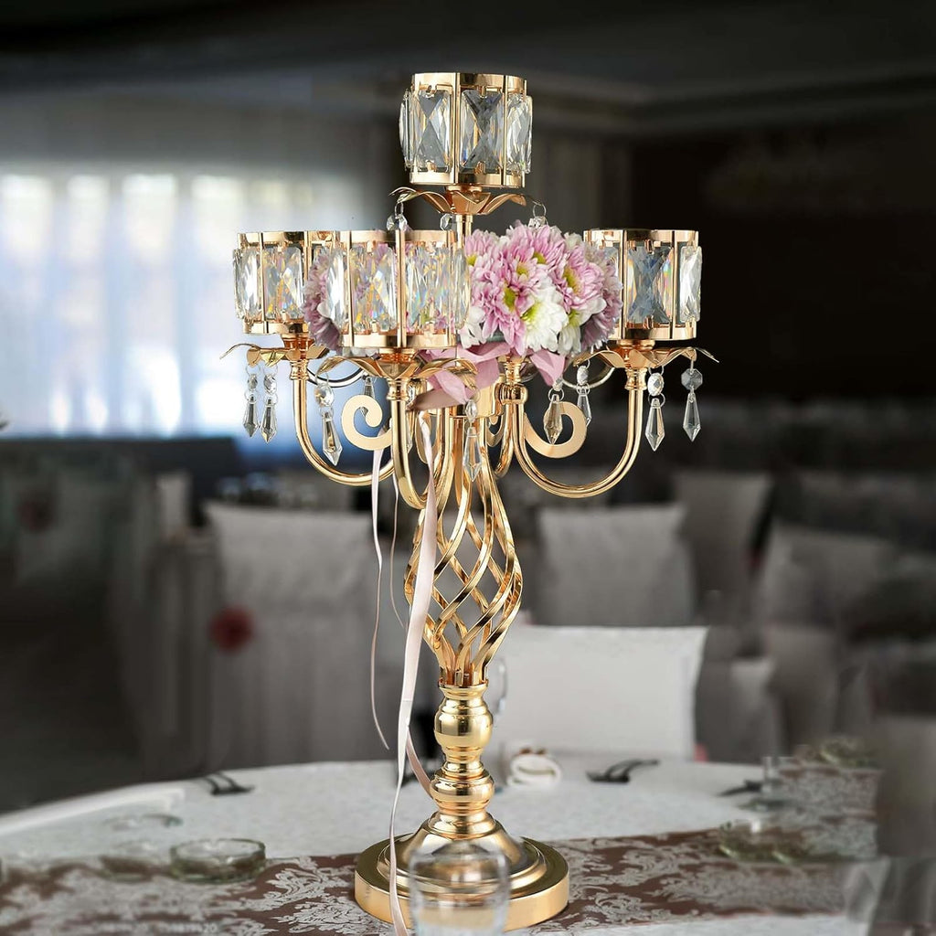 23.2 inch Tall Elegant and Chic 5 Arm Pendant Crystal Candlestick Holder Table Decoration tealight Candle Holder