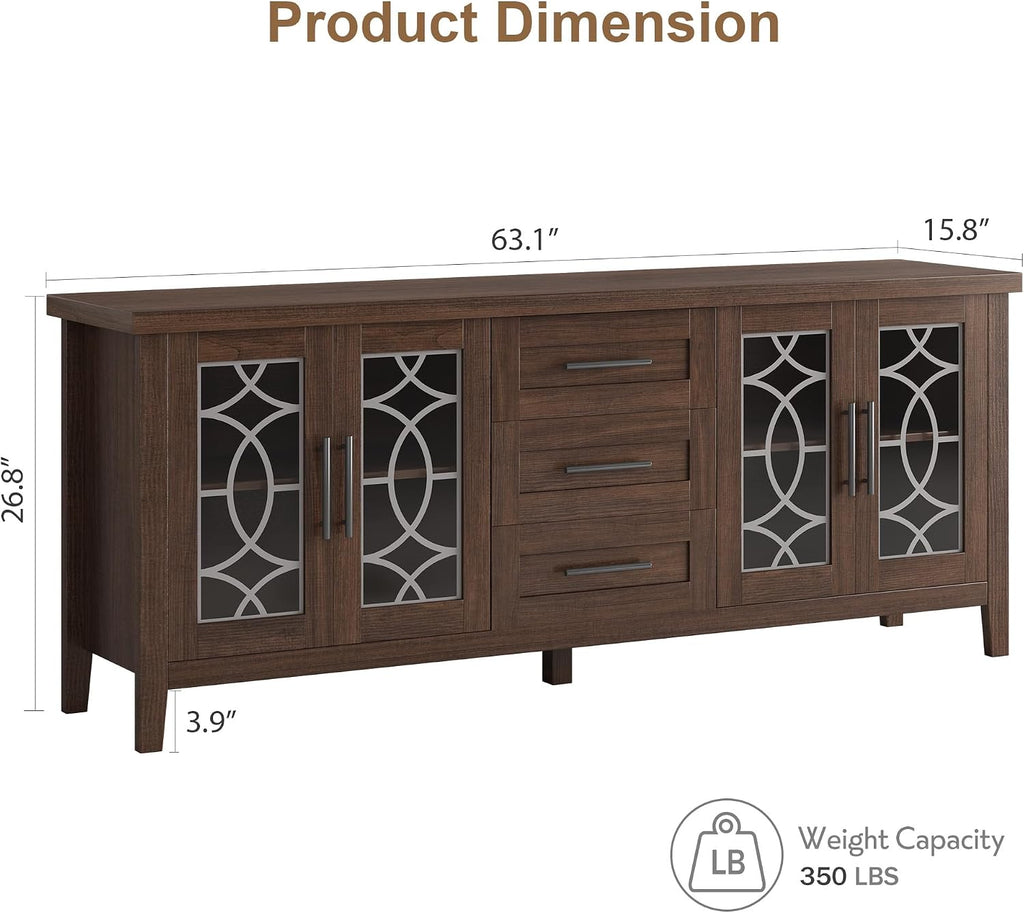 Farmhouse TV Stand with Glass Door for 70 Inch Tv, Mid Century Modern Entertainment Center for Living Room, Rustic