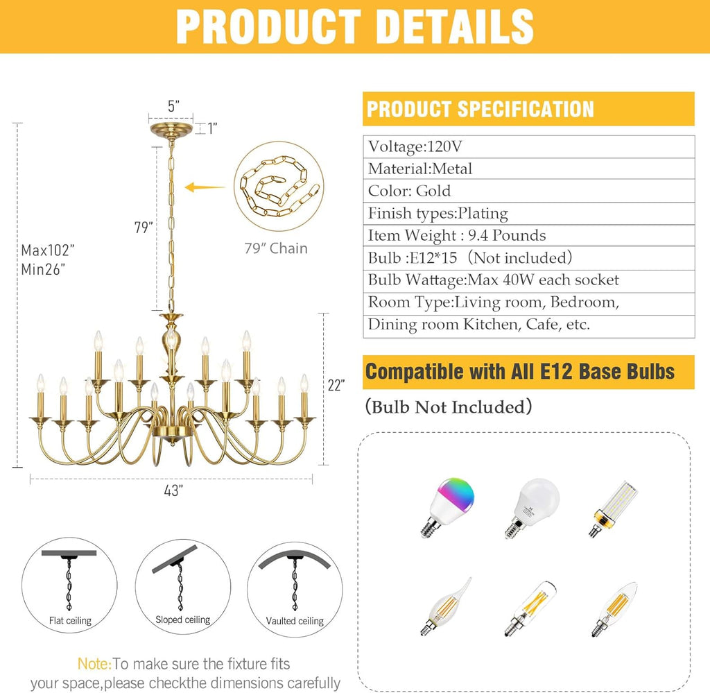 15 Light Gold Chandeliers for Dining Room Light Fixtures Over Table, Large Farmhouse Chandelier for Living Room, Industrial Candle Hanging for Foyer Staircase Bedroom Kitchen Island Restaurants