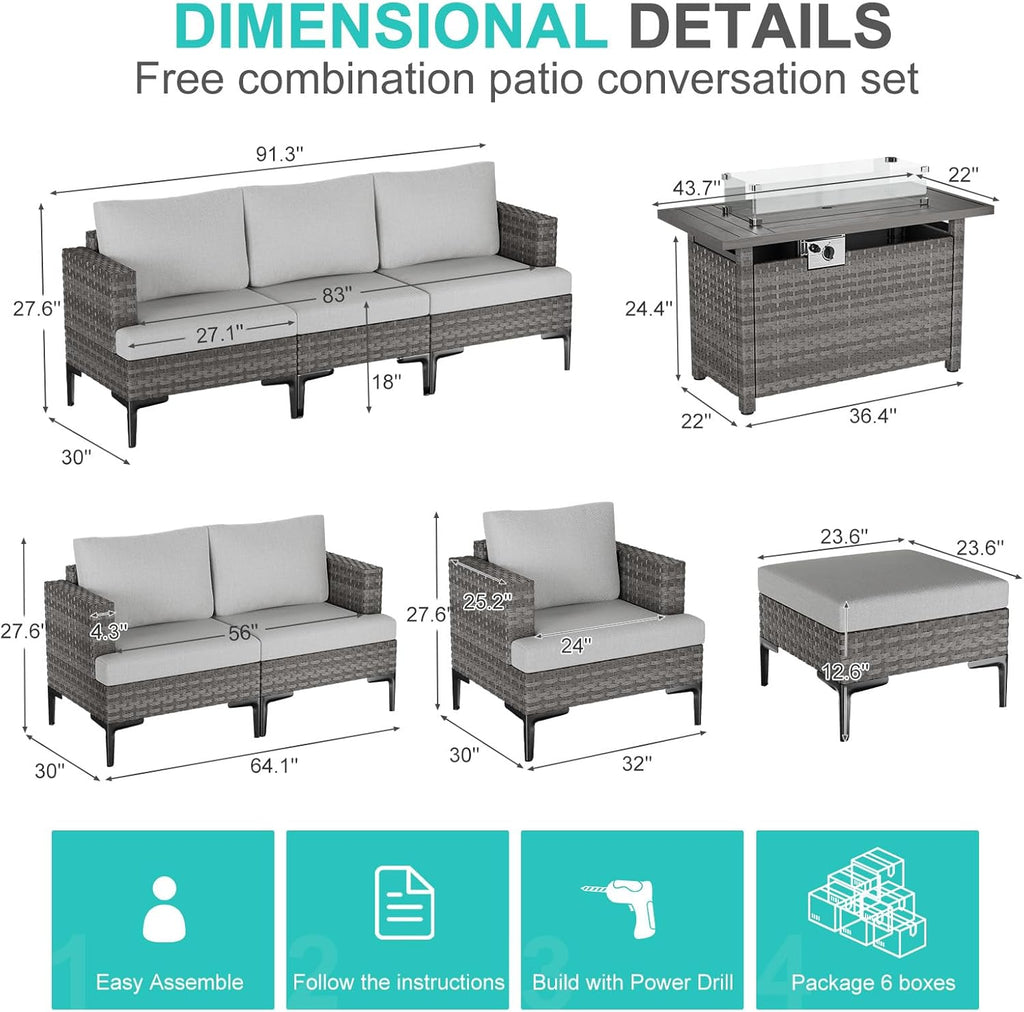 10 Piece Luxury Patio Furniture Set with 44" Fire Pit Table All Weather Outdoor Sectional with Thick Cushions Wicker