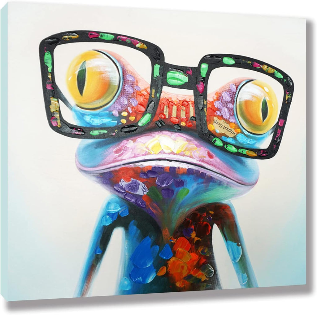 Frog Canvas Wall Art Colorful Animal Painting Pictures Happy Frog with Glasses Oil Painting Modern Framed Artwork