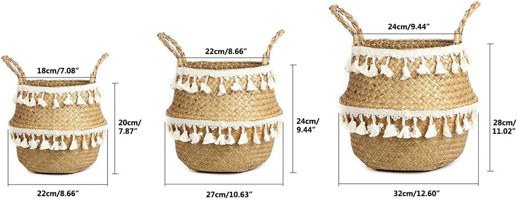 Tassel Macrame Woven Seagrass Belly Basket for Storage, Decoration, Laundry, Picnic, Plant Basin Cover, Groceries and