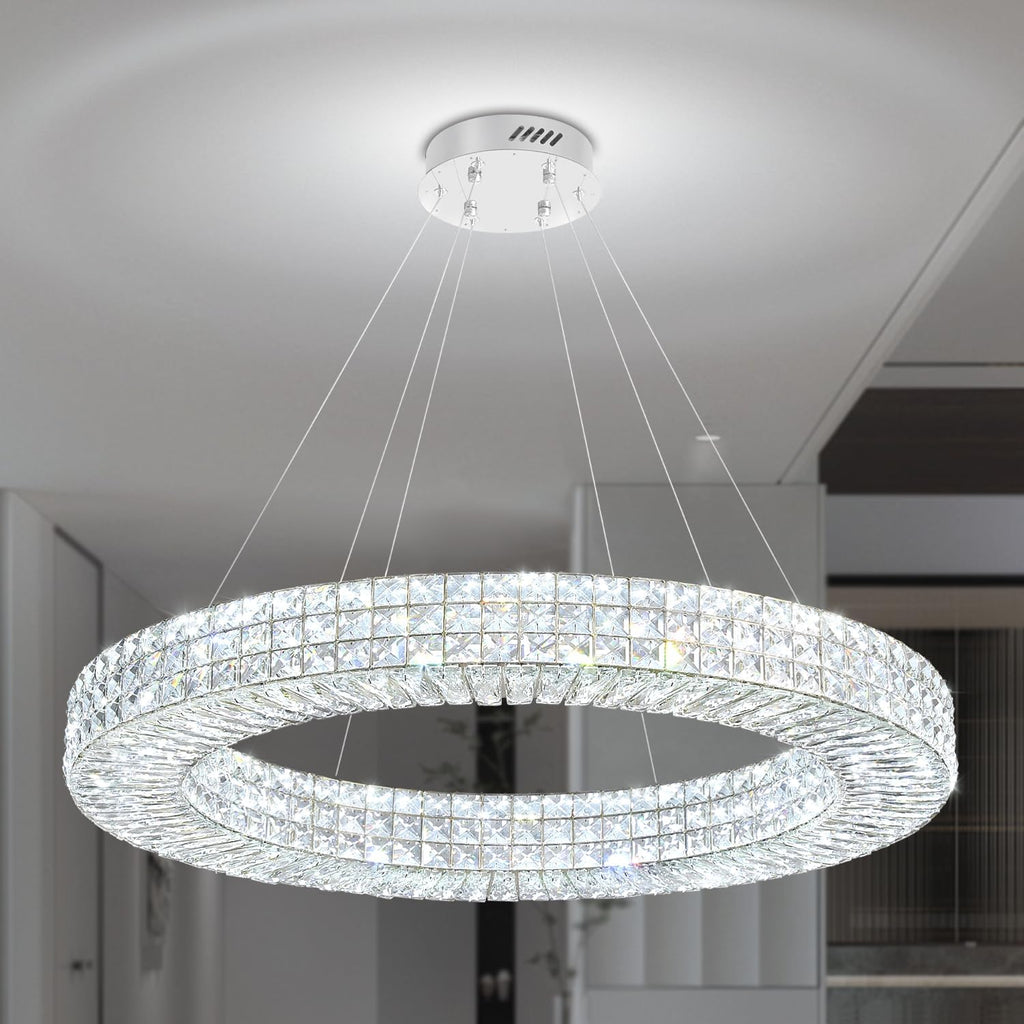 Dia 32" Ring Crystal Chandelier Modern Silver Ring Chandelier Adjustable Height Luxury Crystal Pendant Ceiling Light Fixture for Dining Living Room Bedroom A122-B0CJ57MN6J