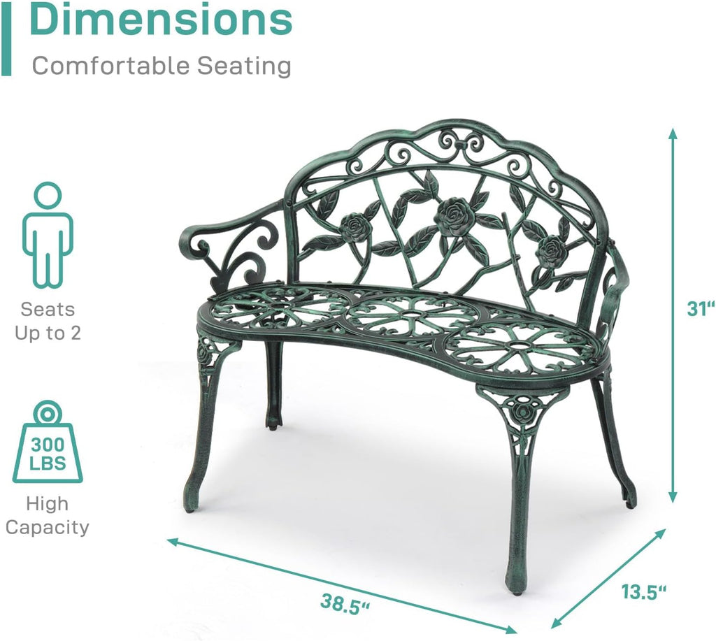 38.5" Patio Park Garden Outdoor Metal Rose Bench, 2-Person Cast Iron Cast Aluminium Frame Antique Finish