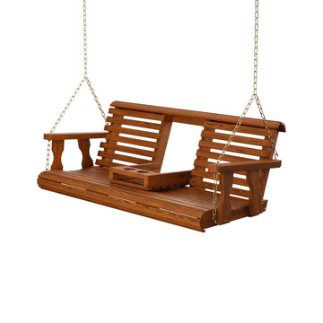 Amish Heavy Duty Console Porch Swing with Fold Down Cup Holders in Cedar Stain - Amish Made in The USA from Treated