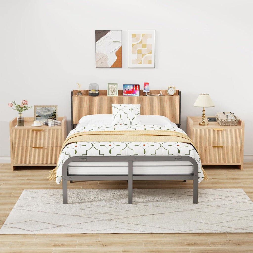 King Headboard Only with Outlets, Wall Mount Wood Fluted Headboard with Storage, Height Adjustable, Storage Rack