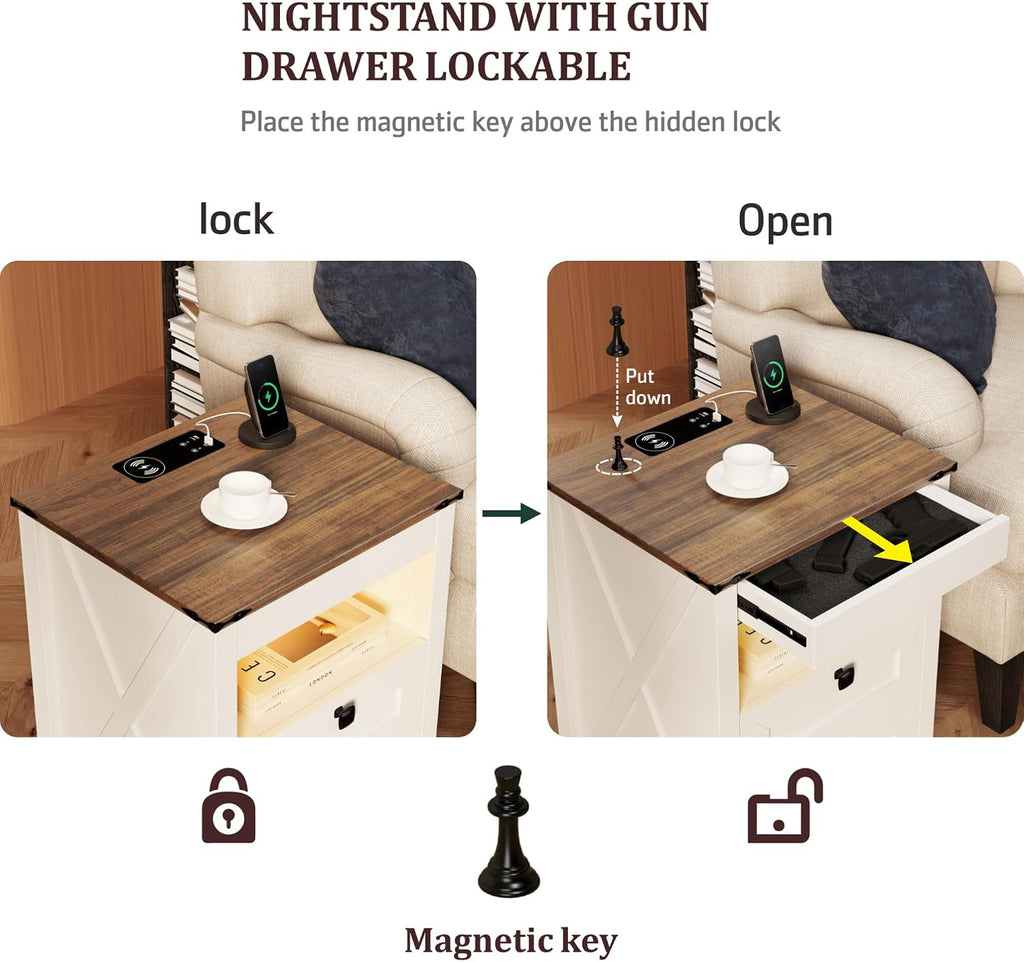 LED Nightstand Set of 2 with Gun Drawer: Bedside Table with Charging Station Furniture - Farmhouse Night Stand with 3