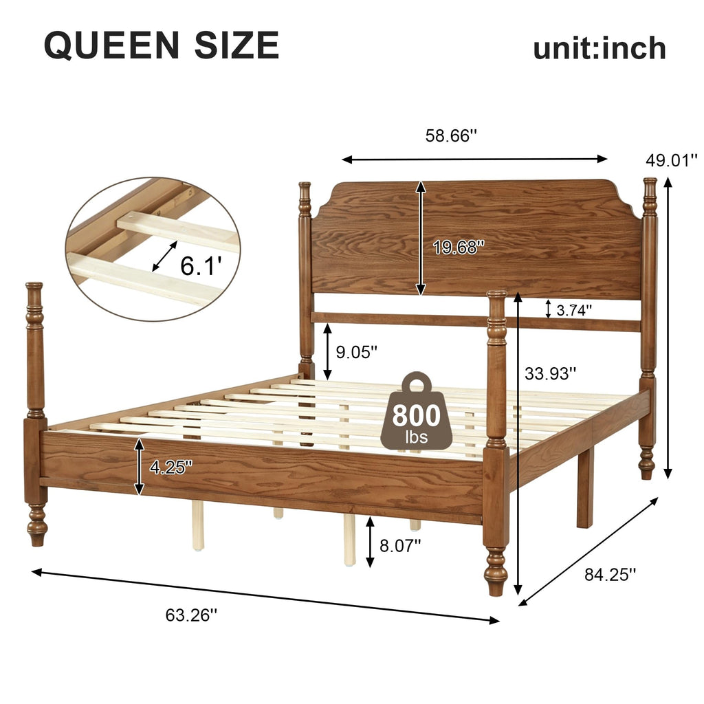 Vintage Wood Spindle Queen Bed Frame with Headboard, Light Walnut