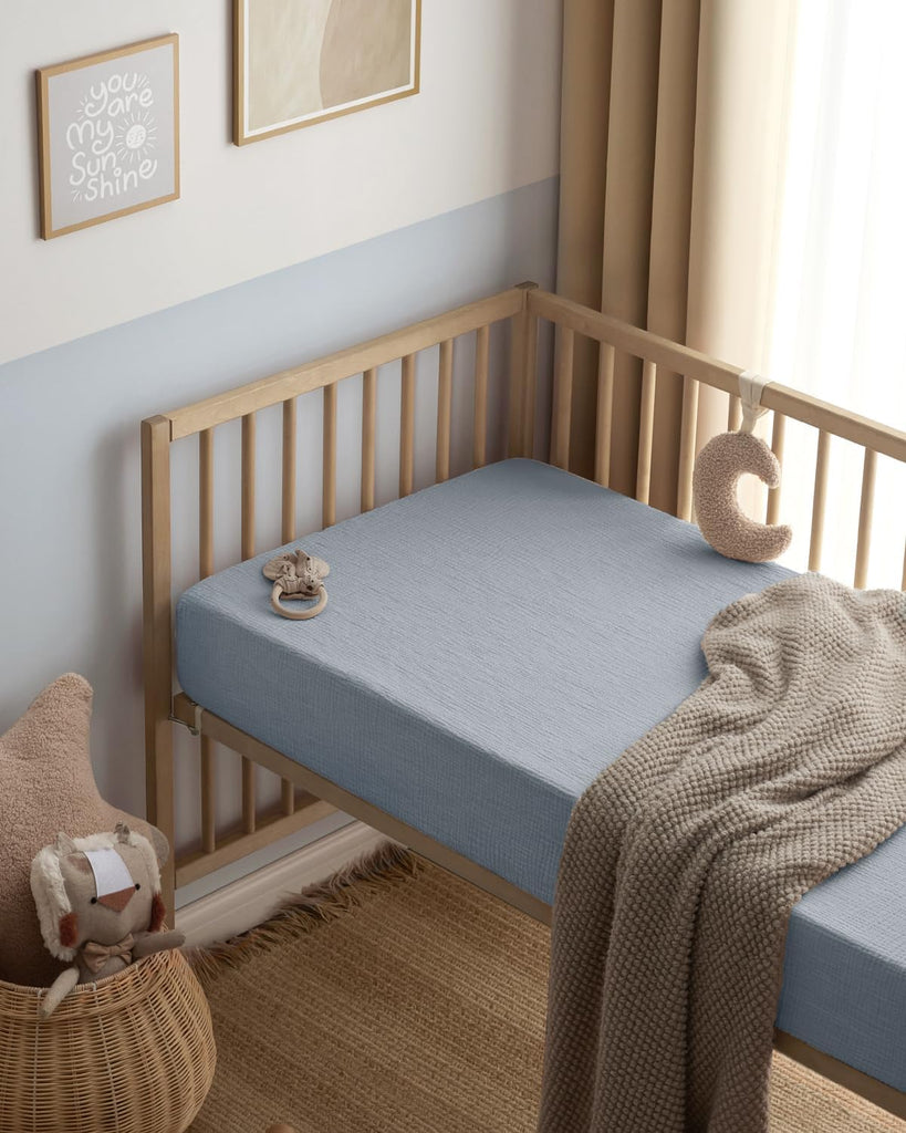 Muslin Crib Sheets, 2 Pack, Light Blue & Grey