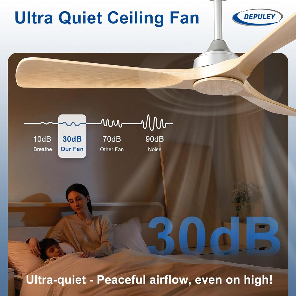 52 Inch 3 Blade Indoor Outdoor Fans for Patios - Wood Ceiling Fan No Light Remote APP Control Ultra Quiet DC Motor Reversible 6 Speed Timer
