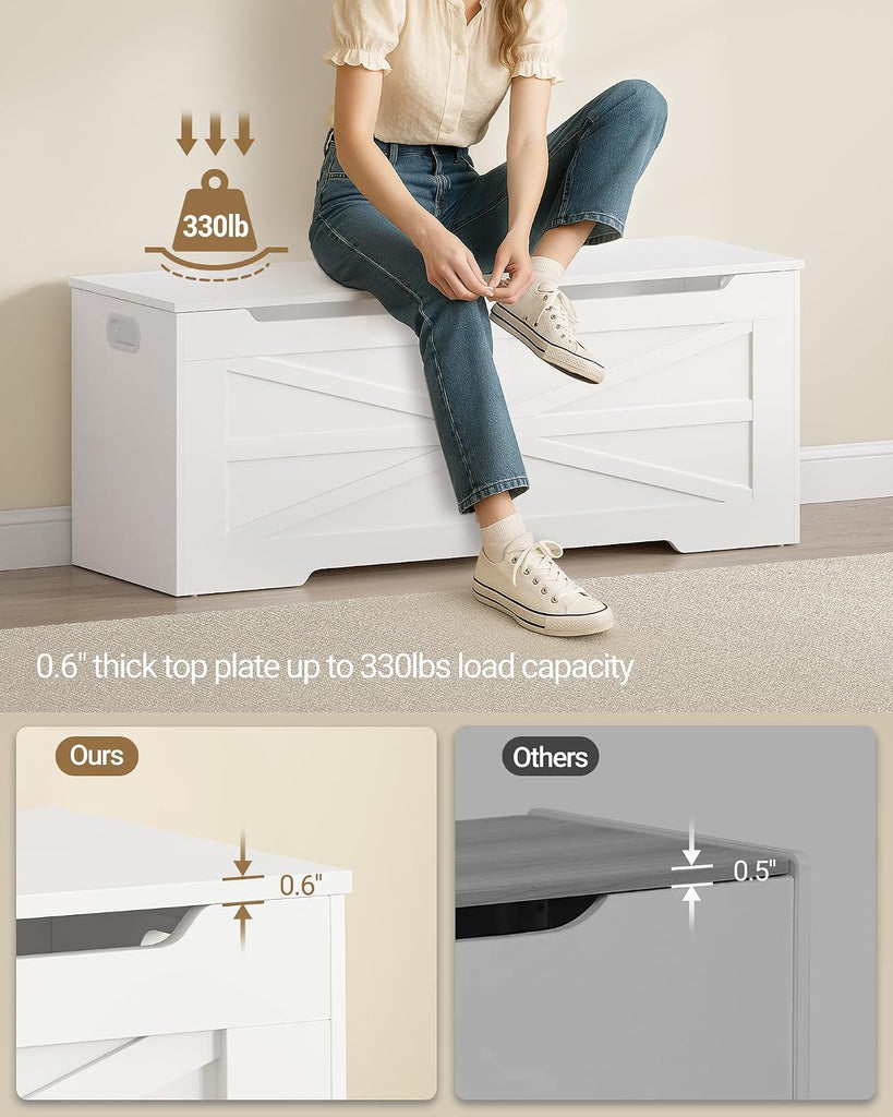 47" Large Storage Bench, 225L/59Gal FSC Wood Chest | Pure White | 330lb Seating | Double Hinges | Bedroom Blanket