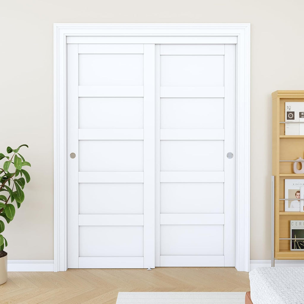 Paintable Sliding Closet Door 60" x 80", 5-Panel Solid Core Interior Sliding Door for Bedroom, Bypas