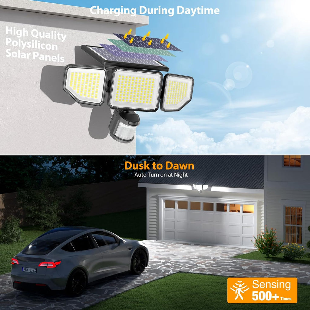 4500LM Solar Lights Outdoor, 3 Heads Security Lights with Remote Control, IP65 Waterproof Motion Sensor Lights, 3