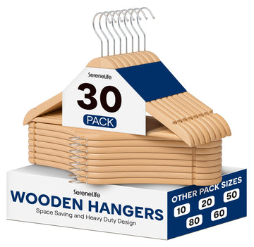 30 Pack Wooden Clothes Hangers | Organize Suits, Coats, Dresses & Pants in Your Closet | Solid Wood, Pants Bar
