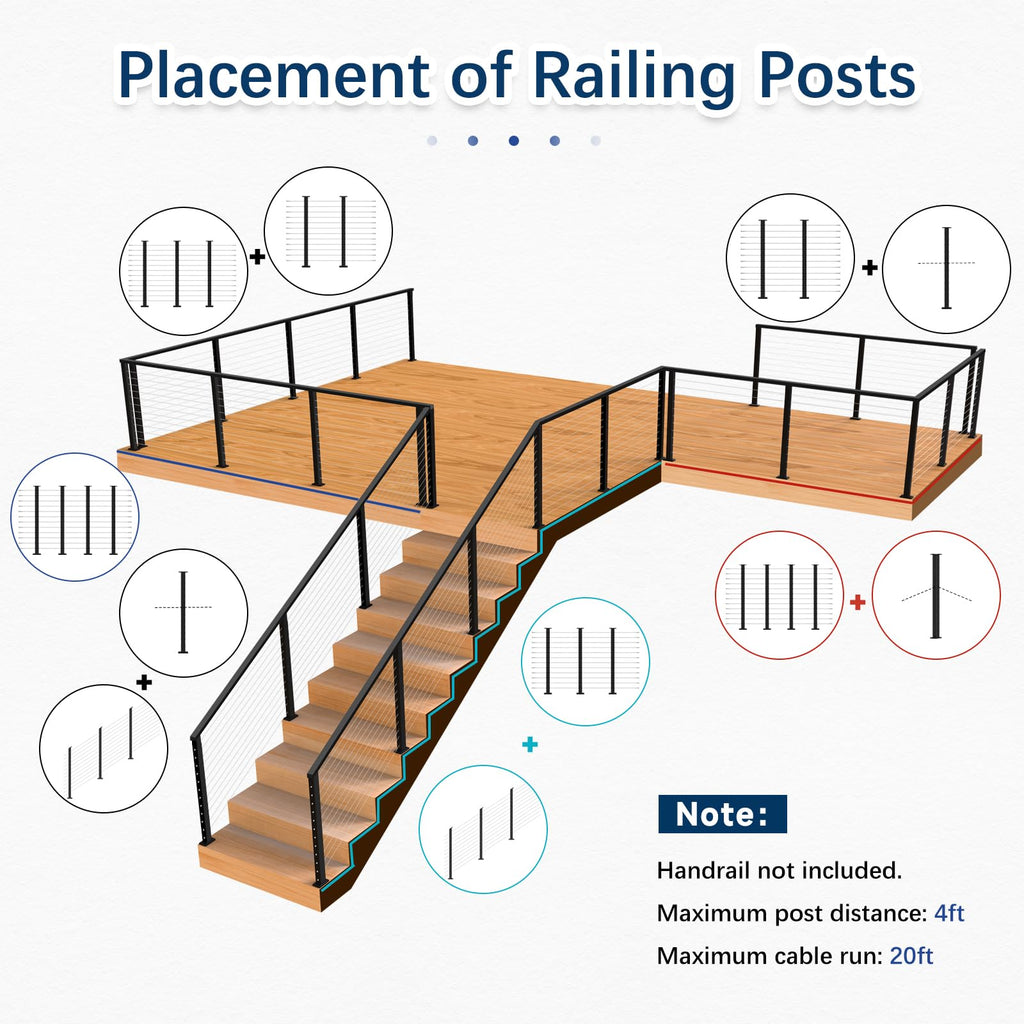 16-20FT Modular Cable Railing Post Kit for Deck Surface Mount 42Inch