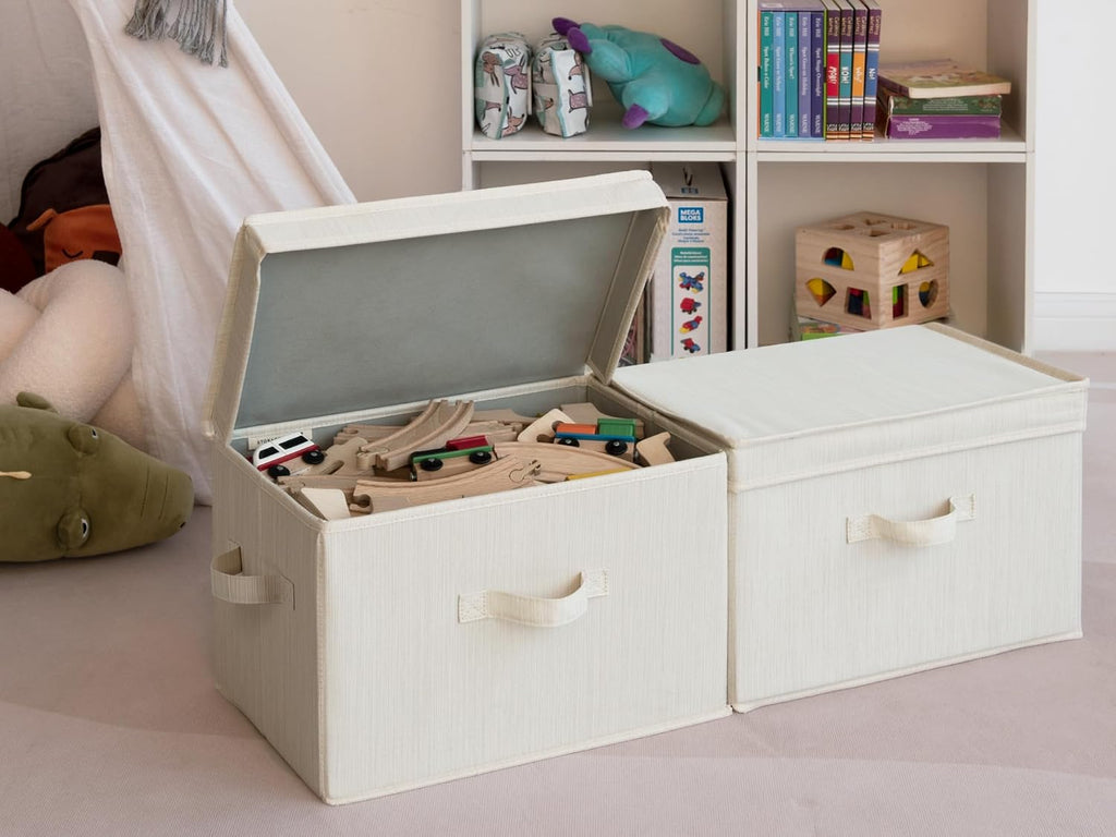 Fabric Storage Bins with Lid, Decorative Storage Boxes for Shelves, Stackable Closet Organizer Basket with Handles