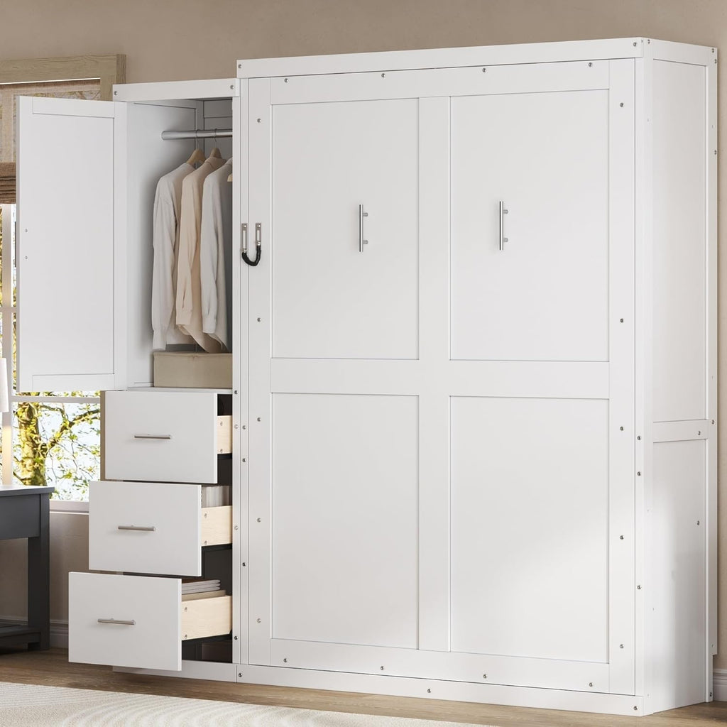 Full Murphy Bed with Wardrobe and Drawers, Space-Saving Wall Bed Frame with Storage Cabinet, Foldable Platform Bed