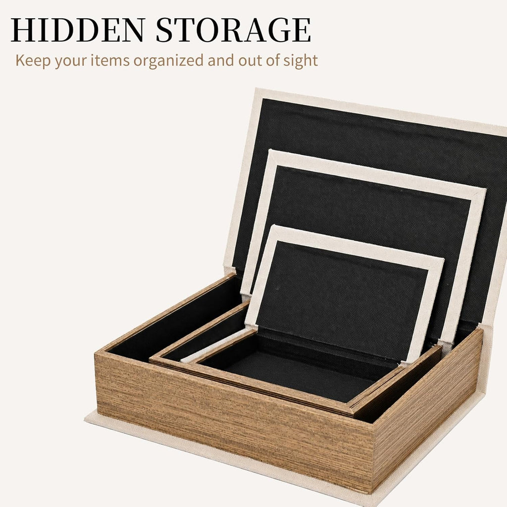 Decorative Book Boxes Set of 3 - Modern Faux Linen & Wood Hidden Storage for Coffee Table - Stackable Fake Books for