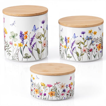 Floral Ceramic Canisters Set with Wooden Airtight Lids, Set of 3