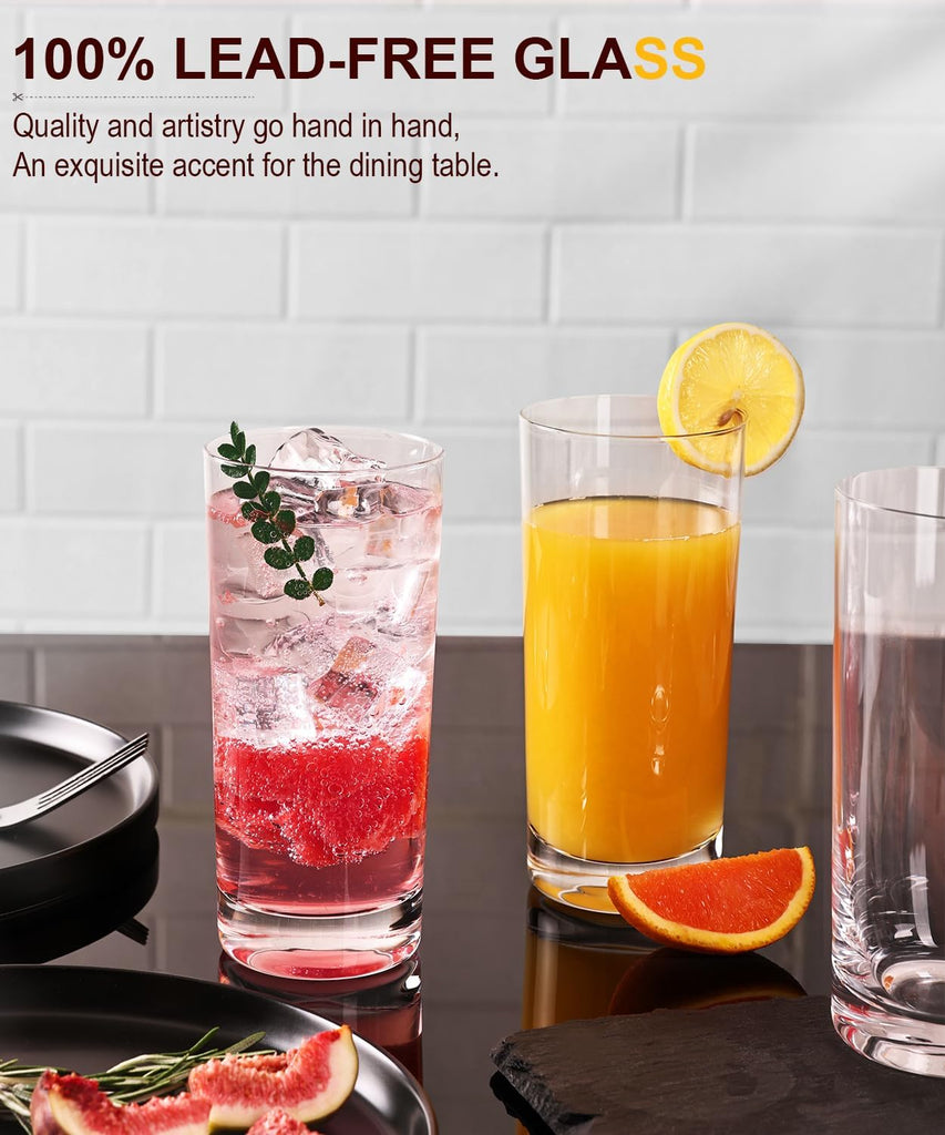 Drinking Water Glasses Set, Lead-Free Crystal Highball Glass, Tall Glass Cups for Cocktail Parties,Clear set of 8,16oz