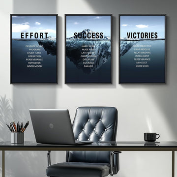 Framed Motivational Wall Art Decor, Set of 3 Inspirational Modern Iceberg Canvas Wall Art Prints, Navy Blue Positive