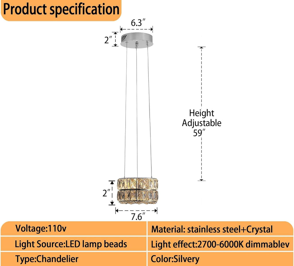 Modern Crystal Chandelier for Dining Room Luxury Silver Crystal Chandelier for Living Room Dimmable LED 7.8" Ring Pendant Light Adjustable Dimmable 2700k-6000k
