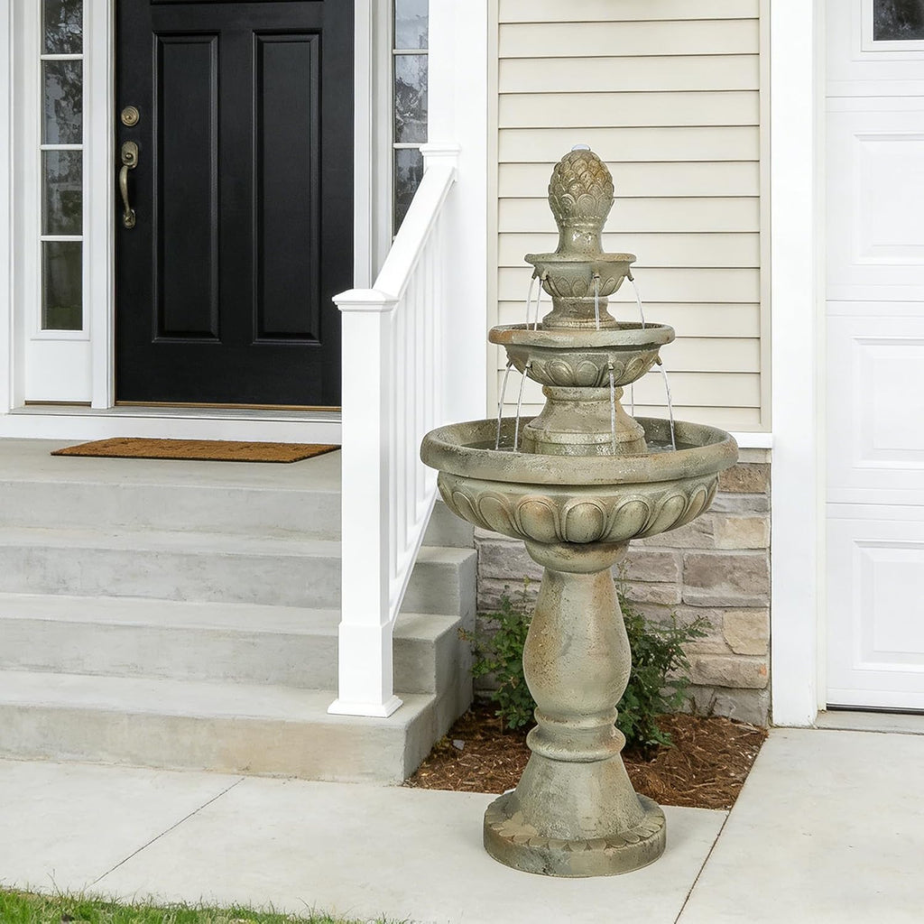 42.5" Water Fountain Outdoor - Large Waterfall Fountain Outside, 3-Tiers Cascading, Fiber Reinforced Concrete