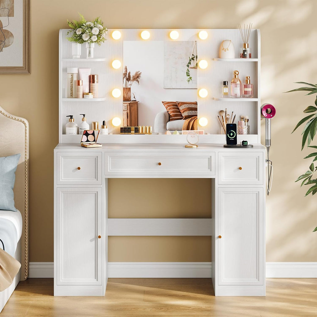 Large Vanity Desk with Mirror and Lights, Makeup Vanity with Power Outlets, 3 Drawers and 2 Large Cabinets, 3