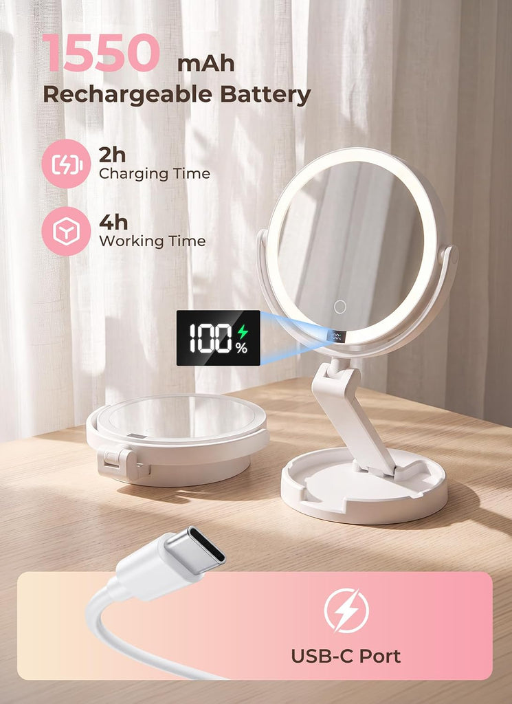 Lighted Travel Makeup Mirror, 1X & 10X Magnification, 3 Light Modes, Double Sided Magnification