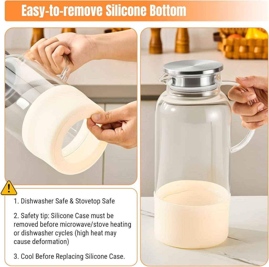 Water Jug Water Pitcher with Silicone Base 61oz/ 1.8L, Hot& Cold Glass Pitcher with Lid and Handle, Glass Carafe with