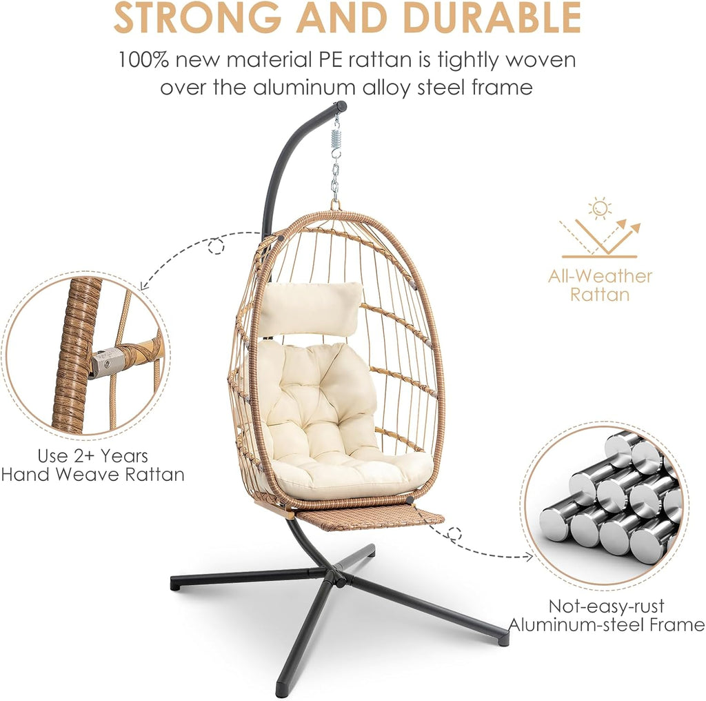 Hanging Egg Chair with Stand and Footrest for Indoor Outdoor, Begie | Wicker Egg Swing Chair with Aluminum-Steel