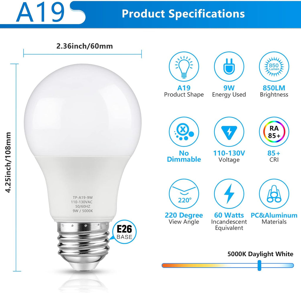 A19 LED Light Bulb, 60 Watt Equivalent LED Bulb, Daylight White 5000K, 850 Lumen, E26 Base, Non-Dimmable, 9W Bright (12-Pack)