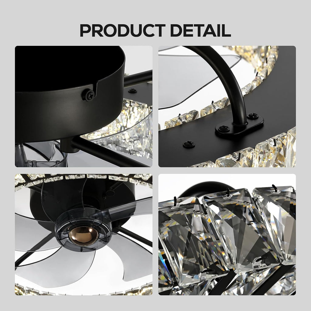 Crystal Ceiling Fan with Light and Remote, 22" Luxury Dimmable Chandelier Ceiling Fan, Modern LED Fan