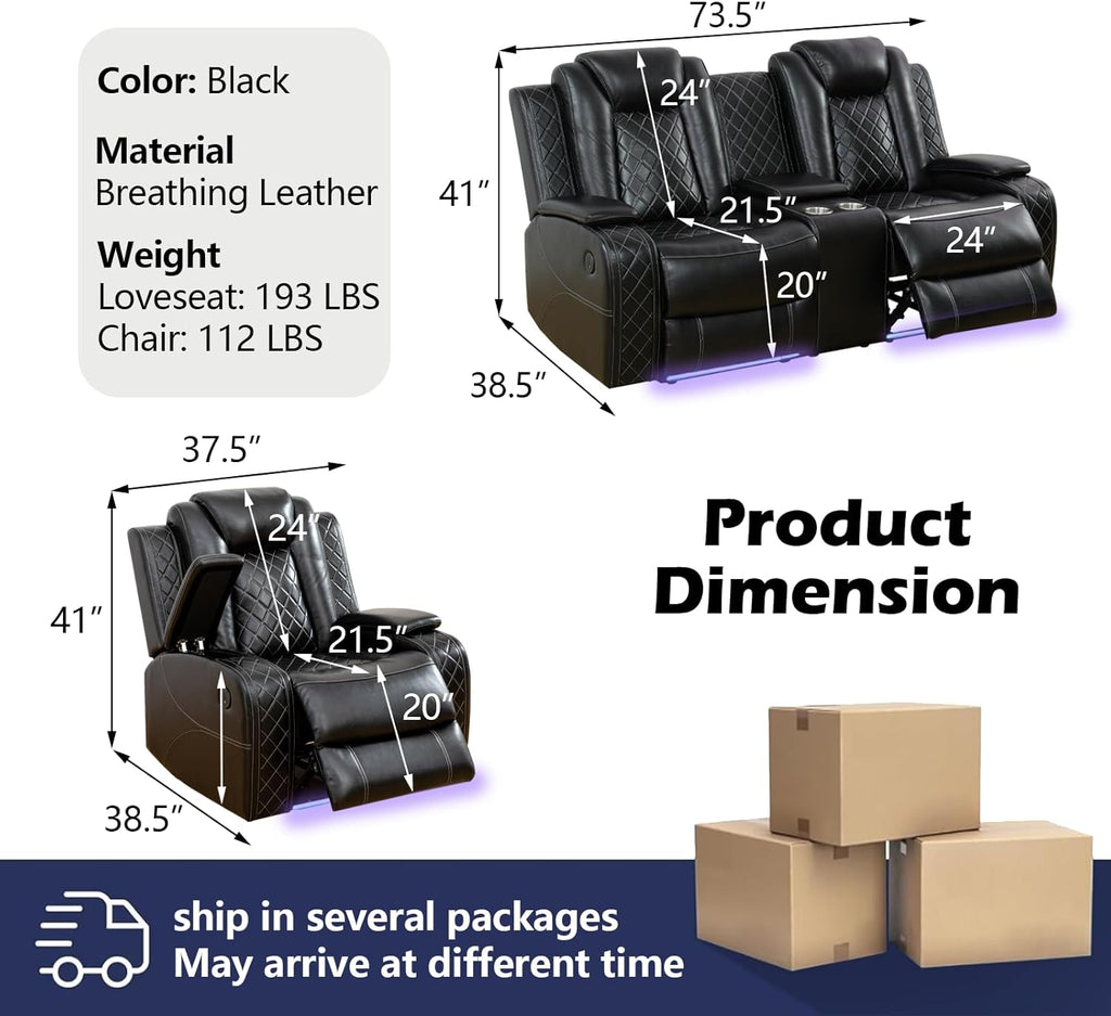 Power Recliner Sofa Set with LED Lights, Black Leather Reclining Loveseat and Chairs with Storage Console, USB Ports