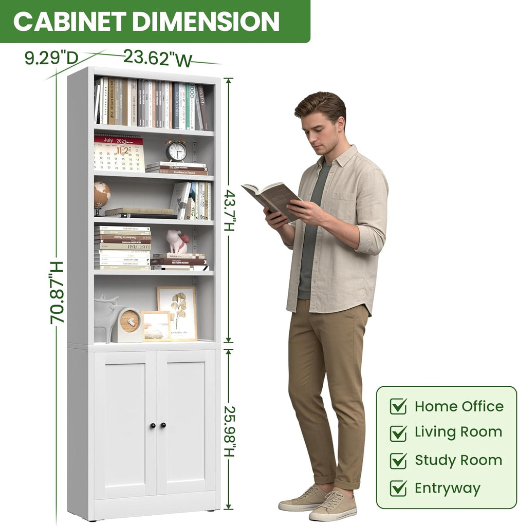71" Metal Bookcase with Adjustable Shelves 7 Tier Bookshelf with Doors,Tall Display Cabinet Industrial Bookshelves