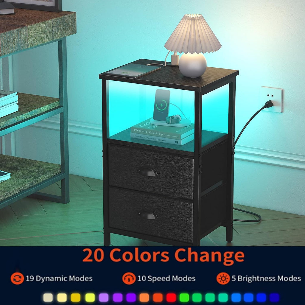 Nightstand with Charging Station, LED Night Stand Set 2, Bedside Table End Table Set of 2, Bedroom Table with 2