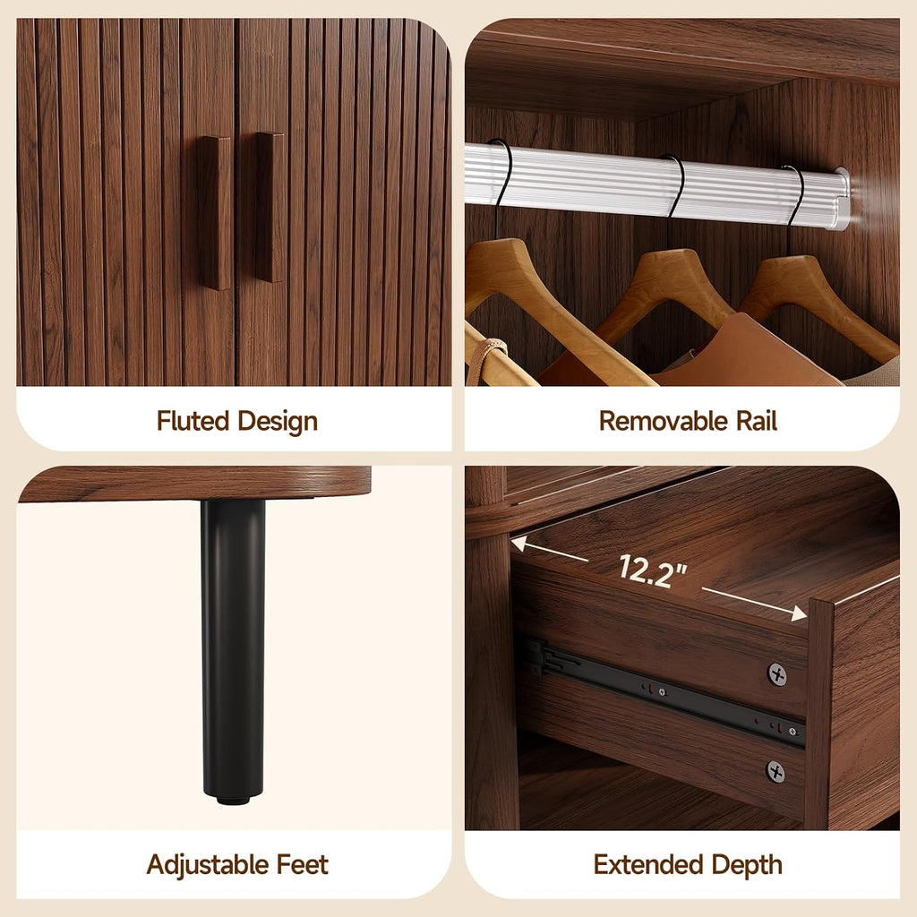 Armoire Wardrobe Closet with Sliding Doors, 71" Bedroom Armoires, Walnut | with 2 Drawers, with Hanging Rod and