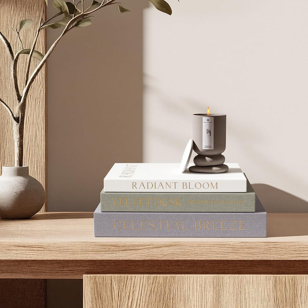 Decorative Books Decor, Set of 3 Neutral Linen Storage Boxes | Linen Faux Book Boxes with Hidden Storage for Coffee