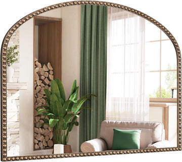 Arched Antique Gold Mirror with Beaded, 28"x36" Decorative Wall Mirrors, Champagne Bronze Brass Frame Vintage Mirror