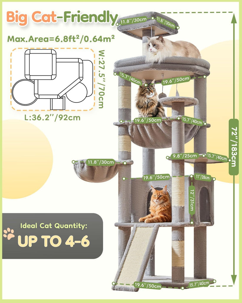 72 Inches Cat Tree for Large Cats, Multi-Level Tall Cat Tower, Widened Cat Condo with Large Scratch Board