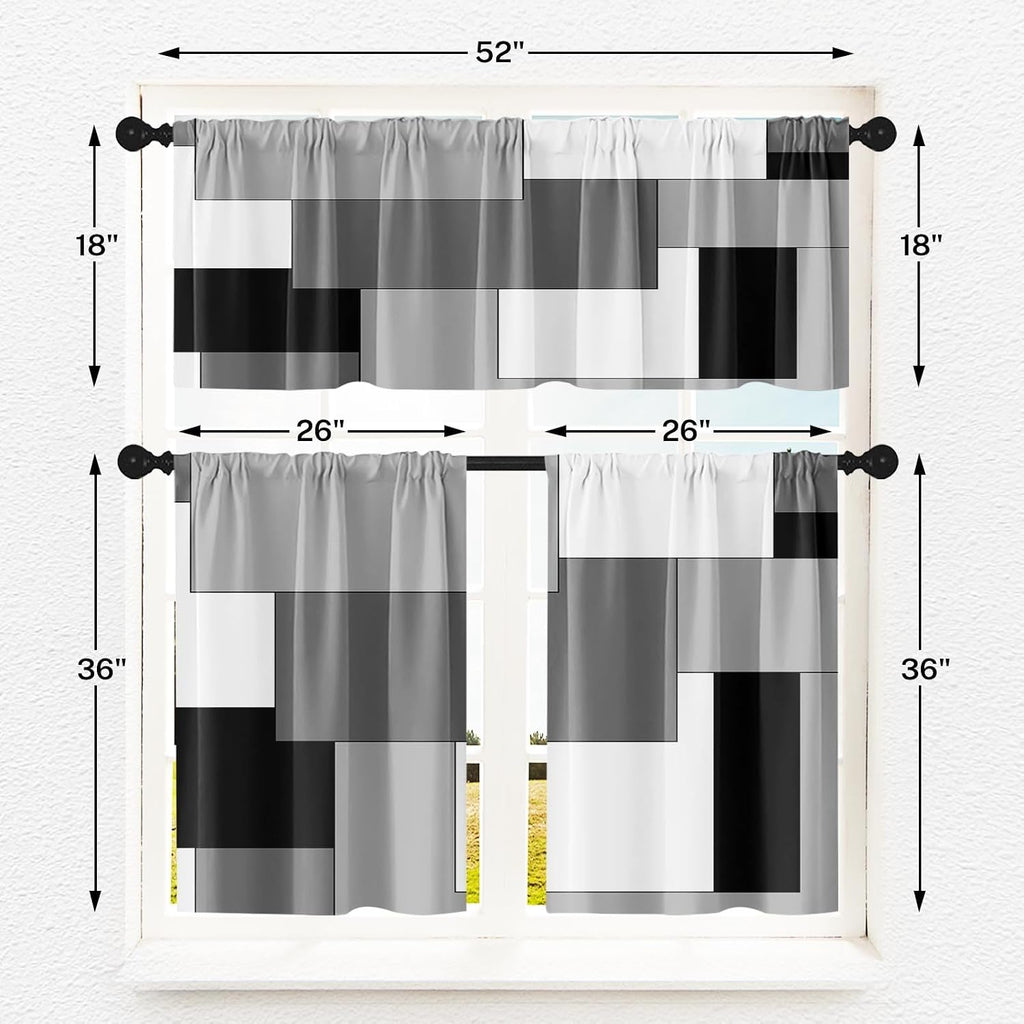 Black White Gray Kitchen Window Curtains Valance and Tier Set, Dark Grey Modern Geometric Rod Pocket Short
